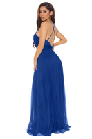 Vestido largo de noche para damas de honor, malla con escote en V profundo, abertura entrecruzada, espalda descubierta