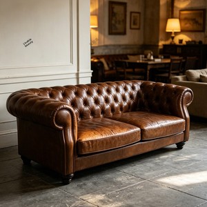 Canapé Chesterfield vintage en cuir véritable huilé et ciré avec boucles, idéal pour salon, villa, club de whisky, canapé américain modulable pour hôtel et café - Product Image 3