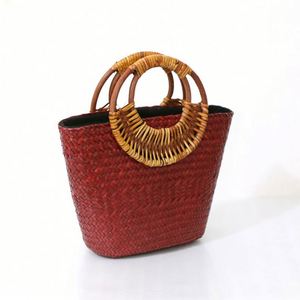 Nouvel Arrivage Sac à Main en Paille Rétro pour Femme, Sac de Voyage et de Plage Fait Main en Herbe Naturelle avec Poignée en Bois - Product Image 3