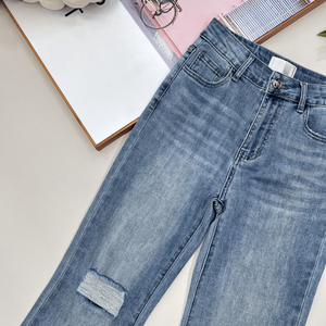 High Waisted Flare Denim Jeans, Distressed Knee Vintage Wash Bootcut <b>Pants</b> for Casual Daily Wear - Product Image 4