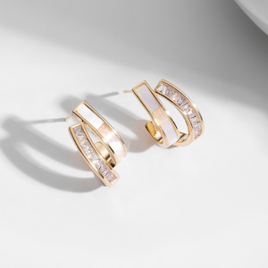 Muyu C-Shaped Shell Stud Earrings 14k Gold Plated With Crystal Inlay Geometric Design For Women Gift Fashion Jewelry - Product Image 2