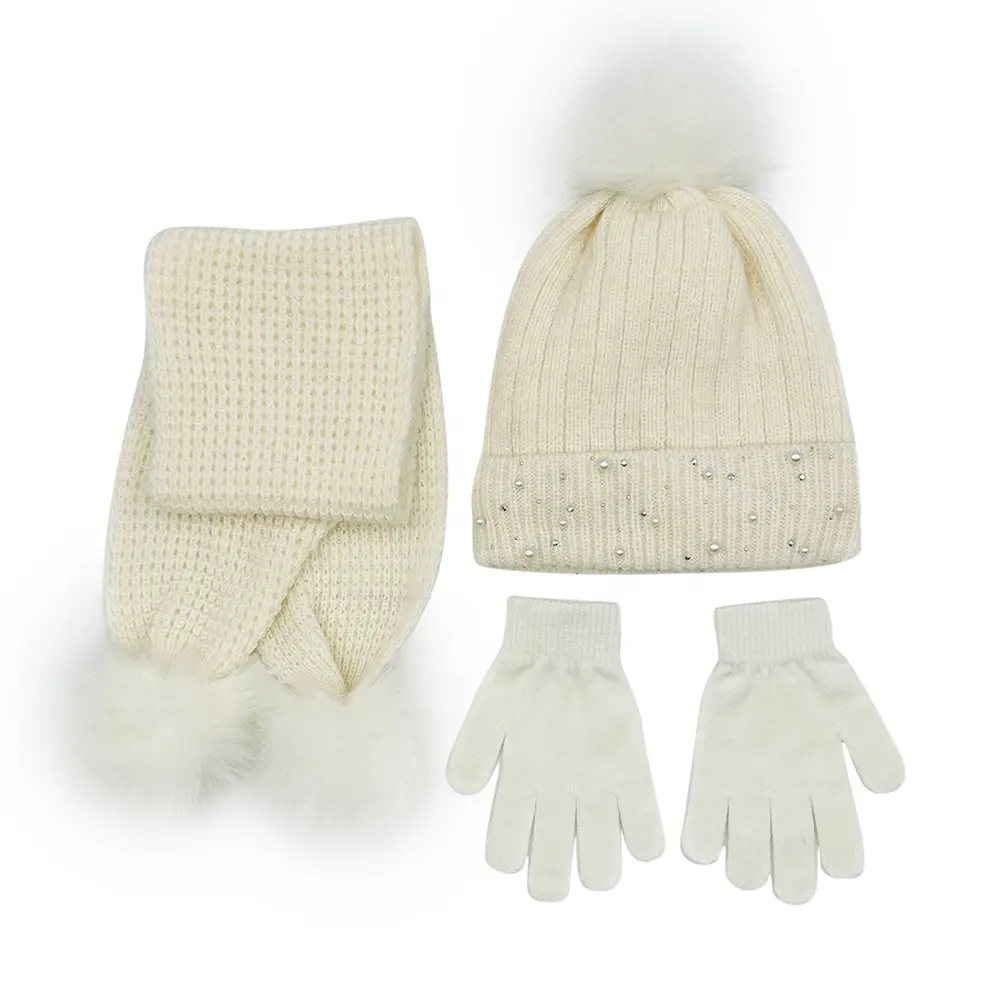 Ensemble bonnet rayé personnalisé OEM pour enfants filles à revers avec perleTemperament Whit Pom Pom Beanie Hat With Gaufre Scarf Glove Set