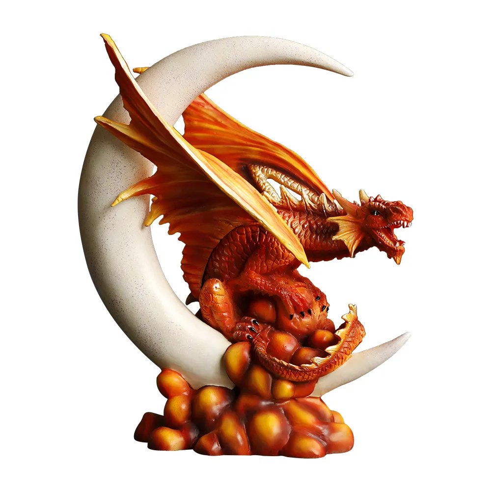 Estatueta do dragão da lua do fogo da resina do oem poly fantasia