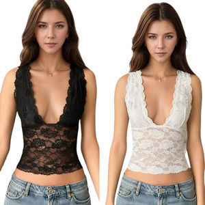 Camisola de Mujer, Verano 2025, Sexy, con Encaje y Lentejuelas, Tejida, Corta, sin Mangas, con Logotipo Frontal, para Fiestas - Product Image 1