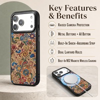 Étui de téléphone écologique en liège avec motif imprimé style broderie folklorique, protection épaisse en PC TPU Bayer, chargement magnétique sans fil N52