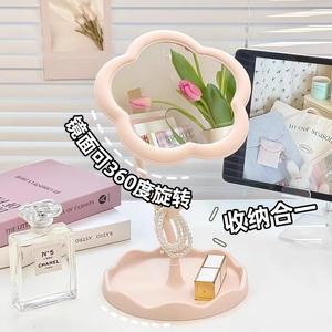 Miroir de maquillage de bureau en forme de fleur avec plateau de rangement, rotation à 360 degrés, pour étudiants, dortoir, bureau, utilisation comme miroir de vanité - Product Image 1