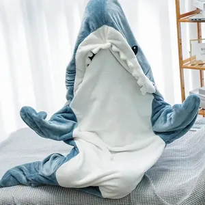 Custom New Arrived Soft Cozy Shark Sleeping Blanket Fleece Hoodie Animal Cartoon Wearable Shark Blanket For Adult Kids Size