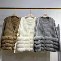 Bouton Design vraie fourrure Dec Breasted Pull col en V tricoté Cardigan pull manteau pour les femmes