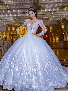 Abito da <span class=keywords><strong>sposa</strong></span> moderno 2025 stile principessa, bianco, con applicazioni in pizzo, maniche lunghe, vita scesa e allacciatura in pizzo, per spose - Product Image 6