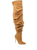 Bottes d'hiver pour femmes en denim froissé, à talon haut en cuir, bout pointu, montantes jusqu'au-dessus du genou, style mode automne-hiver