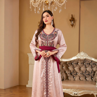 Robe Abaya vintage à col en V, broderie en strass, polyester satiné respirant, avec ceinture, robe longue maxi pour femmes musulmanes