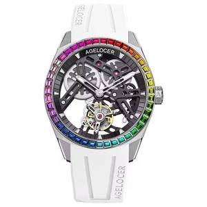 AGELOCER Original Tourbillon-Uhr mit Regenbogen-Diamantlünette, Herren-Skelett-Armbanduhr mit Handaufzug und Mechanikwerk, inklusive Box - Product Image 1