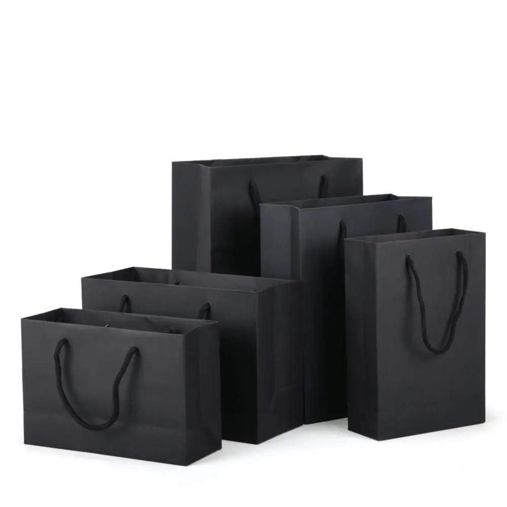 Black 250g Paper Cardboard Shopping Bag with Rope Handles for Clothing Coffee Tea Cookie Underwear Shoes