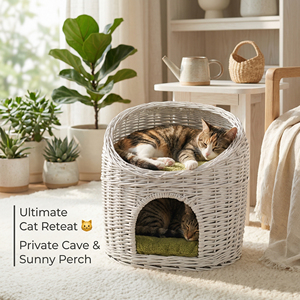 Cama para Gatos Moderna Hecha a Mano de Mimbre Blanco y Ratán - <span class=keywords><strong>Cueva</strong></span> Acolchada de Felpa Verde con Casa para Mascotas Duradera y Acogedora para Gatos en Caja - Product Image 6