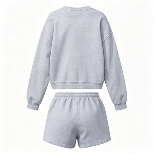 Ensemble décontracté 2 pièces surdimensionné pour femme : <span class=keywords><strong>sweat</strong></span>-shirt à col rond et short de survêtement, gris uni 340g, 100% coton, idéal pour l'automne - Product Image 3