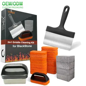 Grattoir de grille en acier inoxydable, Kit de nettoyage de plaques de noir, briques de nettoyage de pierre ponce pour BBQ et brosse, tampons éponge personnalisés