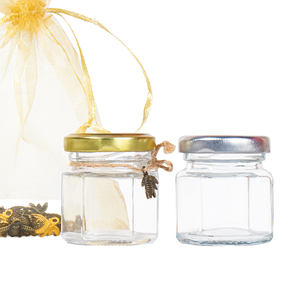 Bocaux en verre vides de 45ml bien scellés en verre hexagonal de <span class=keywords><strong>confiture</strong></span> de miel et de bonbons avec couvercle doré et petite abeille vente en gros - Product Image 4