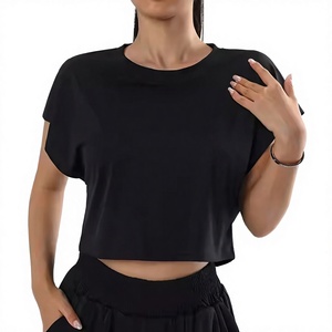 Crop top noir pour femme, manches courtes, col rond, tricoté, coupe ample, décontracté, couleur unie, toutes saisons - Product Image 1