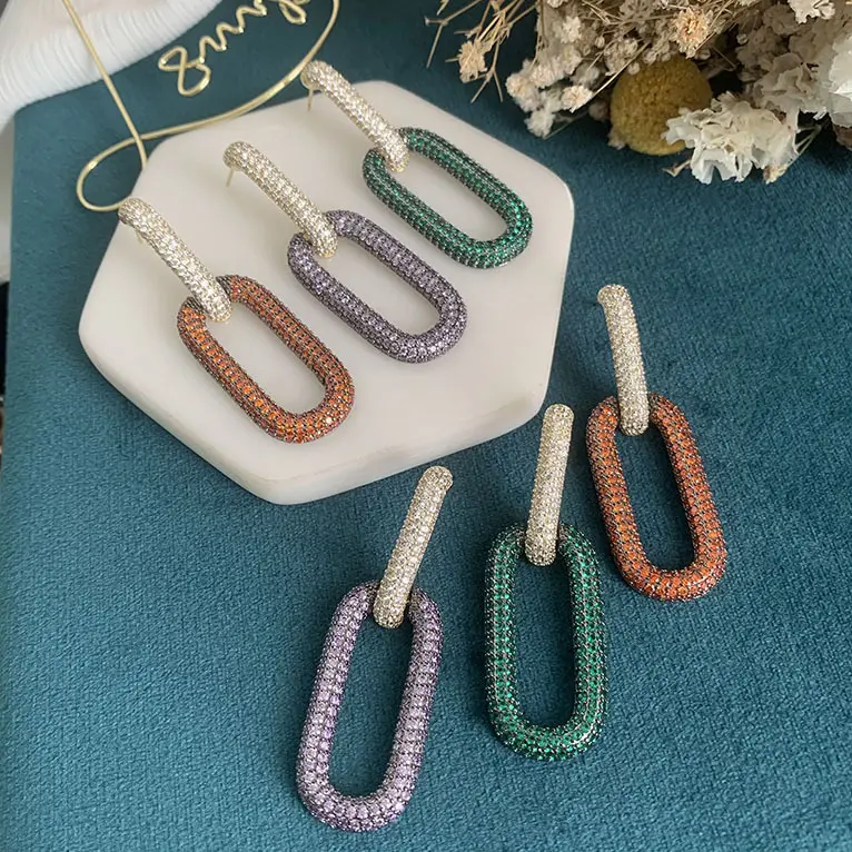 Creative Elegant Copper Geometric Chain Colored Zircon Purple stud Earrings for Women