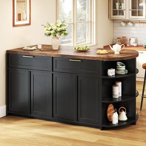 Isla de Cocina Negra Moderna SENYU con Cubierta de Madera Oscura, Estante Curvo, Gabinete de Almacenamiento, Diseño Multifuncional - Product Image 5