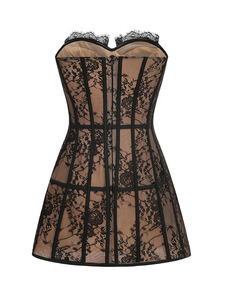 Elegante <span class=keywords><strong>Abito</strong></span> <span class=keywords><strong>Mini</strong></span> in Pizzo Casual Stile Ball Gown per Donne Alta Qualità in <span class=keywords><strong>Raso</strong></span> Senza Spalline Senza Maniche per Feste e Uscite Estive - Product Image 2