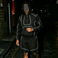 Ensemble de survêtement coupe-vent noir pour homme OUNA, ensemble court à capuche avec bordure réfléchissante en nylon, deux pièces, streetwear, logo personnalisé