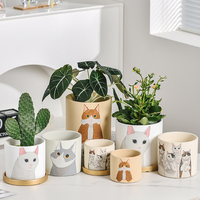 Pot de fleurs en céramique émaillée motif chat de dessin animé mignon, design abstrait animal nordique, avec trou de drainage, pour jardin domestique, idéal pour les fraises