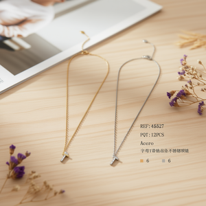 Collana con Ciondolo a Forma di Lettera T con Diamante, Catena in Acciaio Inossidabile, 12 Pezzi, Acero Ref45527 - Product Image 3