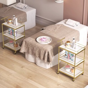 आधुनिक सोने के धातु सौंदर्य सैलून उपकरण हैंडकार्ट हाई एंड व्हाइट 3 टियर स्टोरेज ब्यूटी शॉप सैलून ट्रॉली 4 पहियों के साथ - Product Image 4