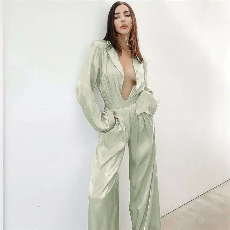 New Coming Vintage Green Woman Elegant Long Sleeve Shirt High Waist Pants Two Piece Sets