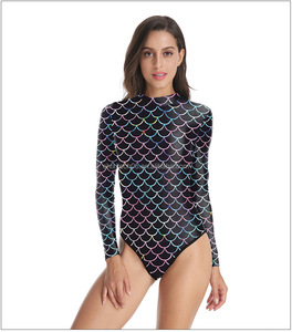 Maillot de bain une pièce à manches longues pour <span class=keywords><strong>femme</strong></span>, imprimé 3D écailles de poisson, pour la performance et l'intérieur - Product Image 4
