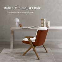 Fauteuil simple en bouclette de qualité supérieure avec structure en bois de frêne massif, revêtement en cuir et accoudoirs en bois pour salon.