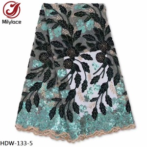 Velours africain rouge de luxe français avec paillettes broderie fleur Tulle <span class=keywords><strong>Net</strong></span> tissu de dentelle nigérian avec des pierres - Product Image 4