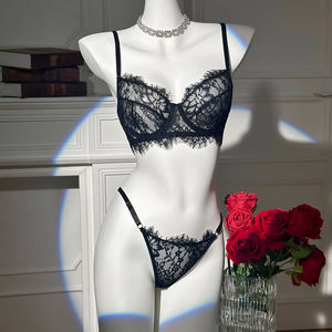 Lencería negra de pestañas para mujer al por mayor, Bikini Sexy de encaje, conjunto de dos piezas, conjuntos de sujetador y tangas, lencería erótica <span class=keywords><strong>sexual</strong></span> - Product Image 1