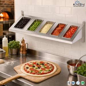 201/304 <b>Stainless</b> <b>Steel</b> Single Tier Wall Mounted GN Pan Rack Slanted Topping Station For Pizza Salad Prep <b>Tables</b> - Product Image 1