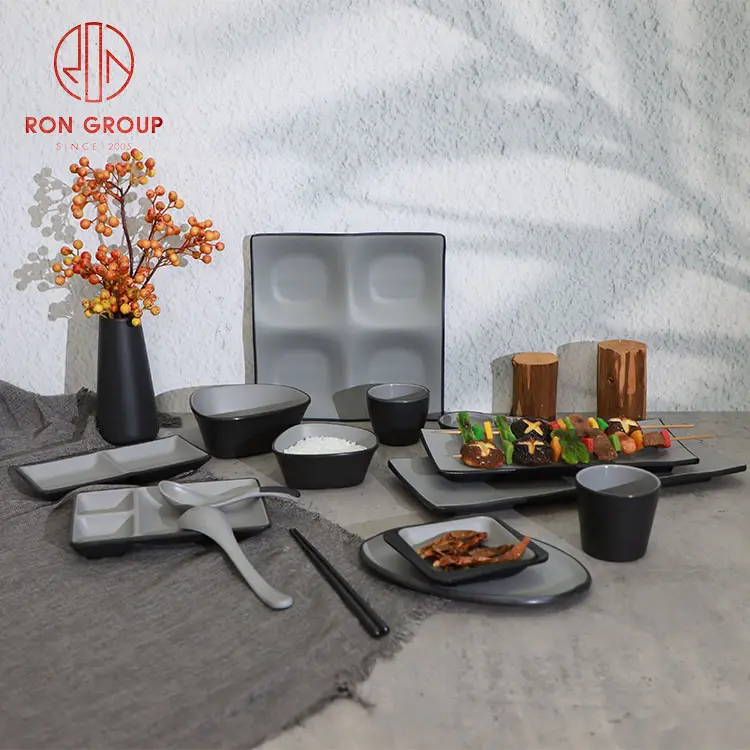 Cheap Price Exquisite Simple Restaurant Banquet Dinnerware Bowl Black Grey Dinner Tableware Set Melamine Plates