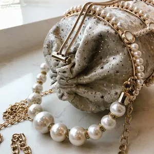 Bucket Clutch Bag Bird Cage Bridal Evening Bag Women Pure Polyester Single PU Leather Bag Picture Fashionable Pearl Latest Metal