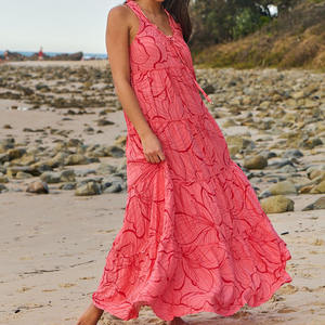 2026年工場ハワイアンプリント多層Vネックドローストリングホルターネックカジュアルドレスカスタムソフトレーヨンサマードレス - Product Image 6