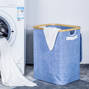 Bamboo <b>Laundry</b> Basket Rectangle Blue 41x33x52cm Foldable Canvas Clothing Organizer <b>Standing</b> Type - Product Image 1