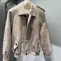 Blouson aviateur oversize en peau de mouton pour femme, avec poches à rabat, ourlet côtelé, en cuir véritable, coupe courte, pour l'automne
