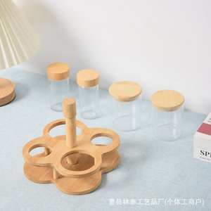 Estante giratorio de bambú para especias con botellas de vidrio y tapas de madera, organizador de condimentos para la cocina - Product Image 1