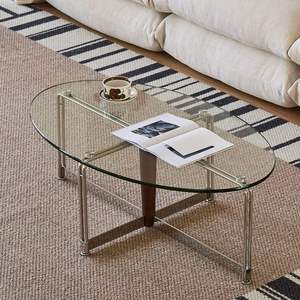Mesa de Centro Ovalada de Acero Inoxidable Estilo Bauhaus Retro, Vidrio Templado, Diseño Moderno para Sala de Estar, Uso Doméstico - Product Image 2