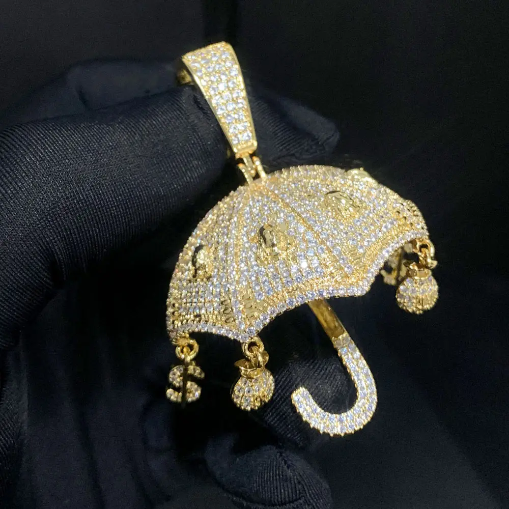 Geldsack Dollar Regenschirm Form Anhänger Halskette Micro Pave 5A Zirkonia CZ Bling Iced Out Männer Junge Hip Hop Schmuck