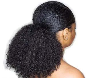 Mongolia Afro Kinky Curly Serut Ekor Kuda Ekstensi 4B 4C Remy 8-20 Inci Panjang Klip Di Ekor Kuda Rambut Ekstensi