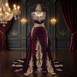 Vestido de Noche de Terciopelo Borgoña con Bordado y Cuentas, Vestido Largo con Cola y Encaje Superpuesto para Fiestas Formales - Product Image 2
