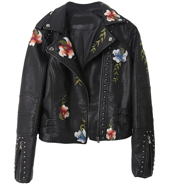 2022 Floral Embroidery Faux Leather Jacket Women's Jackets Autumn Coat Turndown Collar Biker Black Punk Outerwear Leather Jacket