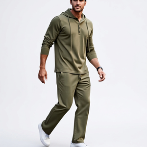 Ensemble de survêtement pour homme, vert olive, à capuche, Henley, manches longues, couleur unie, vêtements de sport décontractés, poches latérales, coton respirant - Product Image 2
