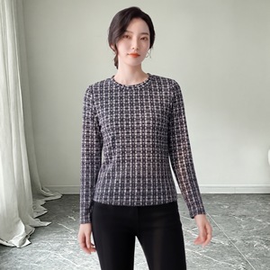 Nouvelle Collection Automne 2026 – T-shirt Imprimé <span class=keywords><strong>à</strong></span> <span class=keywords><strong>Carreaux</strong></span> Col Rond Manches Longues – Haut Amincissant et Ajusté pour Femme - Product Image 6