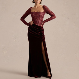 Servizio OEM <span class=keywords><strong>Abito</strong></span> da Sera Personalizzato con Scollo Quadrato e Spacco Alto per <span class=keywords><strong>Donna</strong></span>, Sexy ed Elegante, Maniche Lunghe in Pizzo, Aderente e <span class=keywords><strong>Lungo</strong></span> fino a Terra - Product Image 1