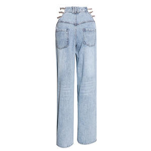 A3946 <span class=keywords><strong>pantaloni</strong></span> eleganti in Denim da donna Color azzurro e chiaro <span class=keywords><strong>pantaloni</strong></span> a vita alta con Design a catena - Product Image 4